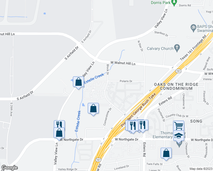 map of restaurants, bars, coffee shops, grocery stores, and more near 4016 Block Drive in Irving