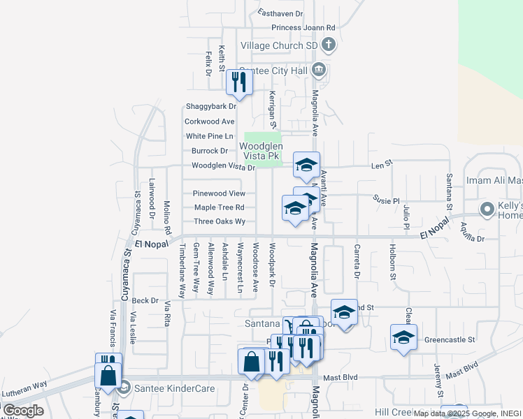 map of restaurants, bars, coffee shops, grocery stores, and more near 10245 Woodrose Avenue in Santee