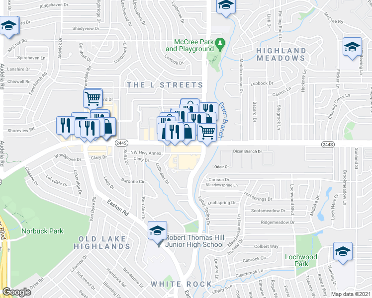 map of restaurants, bars, coffee shops, grocery stores, and more near 10620 Northwest Highway in Dallas