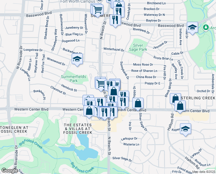 map of restaurants, bars, coffee shops, grocery stores, and more near 6911 Park Forest Drive in Fort Worth