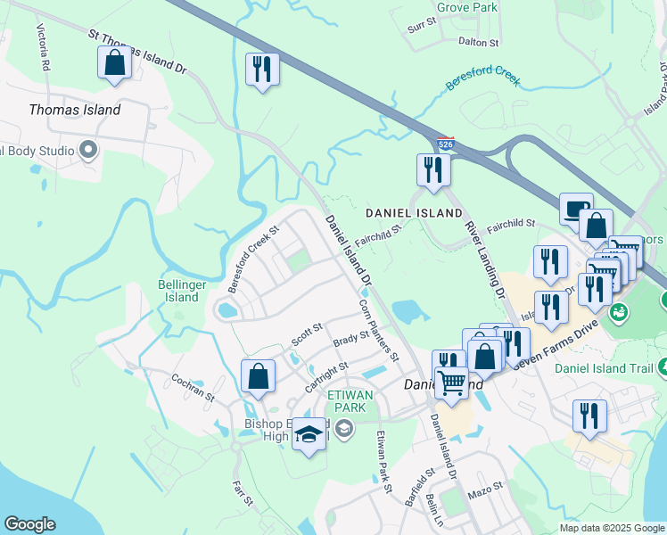 map of restaurants, bars, coffee shops, grocery stores, and more near 193 Corn Planters Street in Charleston