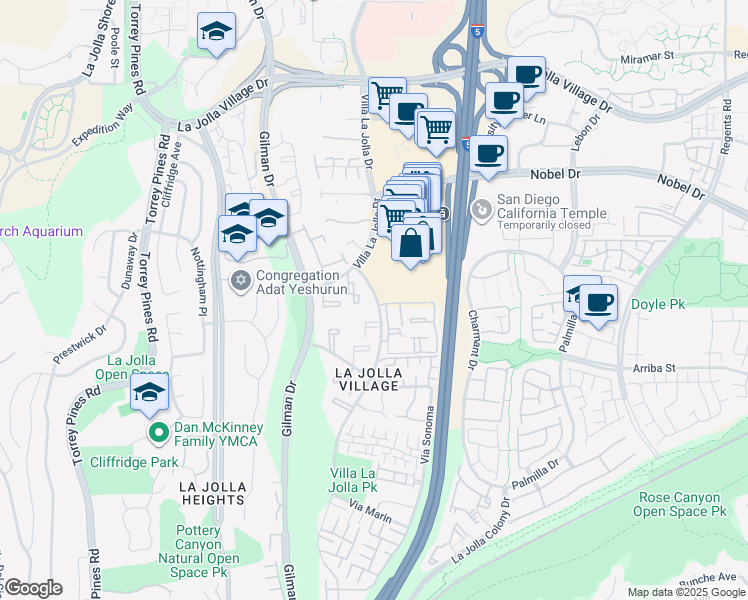 map of restaurants, bars, coffee shops, grocery stores, and more near 8650 Via Mallorca in San Diego