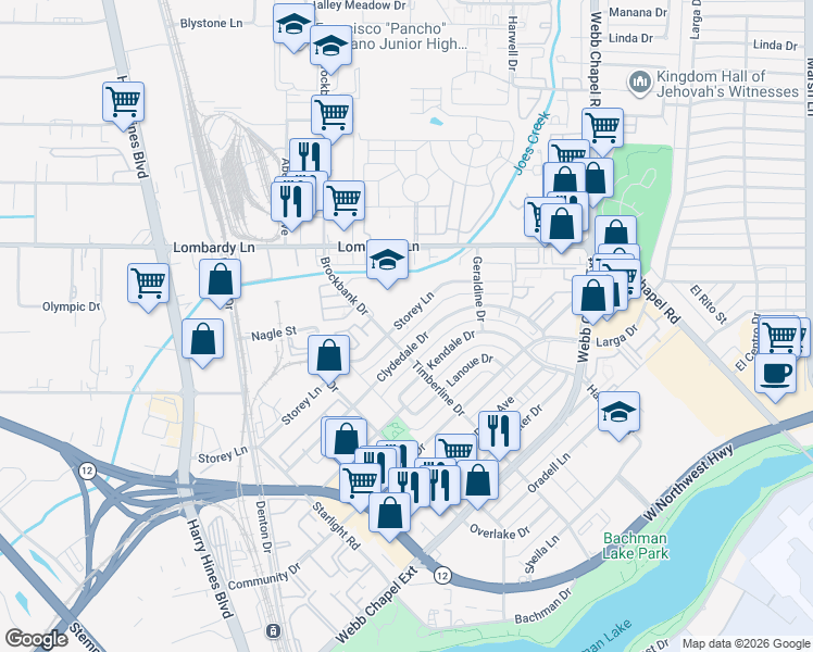 map of restaurants, bars, coffee shops, grocery stores, and more near 3123 Clydedale Drive in Dallas