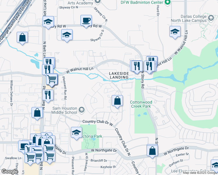 map of restaurants, bars, coffee shops, grocery stores, and more near 4312 Caleta Drive in Irving