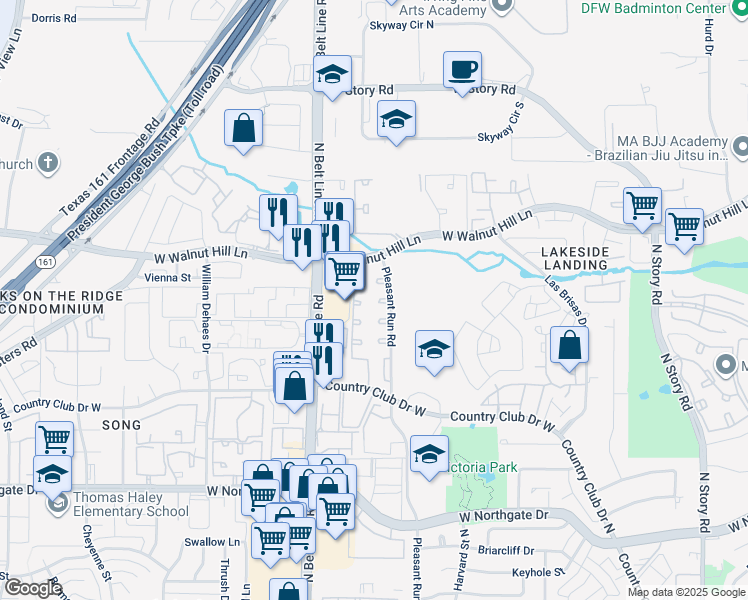 map of restaurants, bars, coffee shops, grocery stores, and more near 4265 Pleasant Run Road in Irving