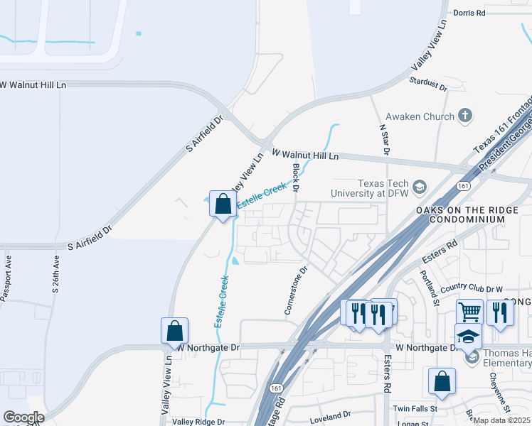 map of restaurants, bars, coffee shops, grocery stores, and more near 4001 Block Drive in Irving