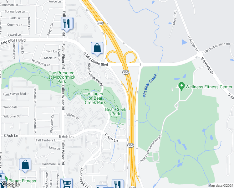 map of restaurants, bars, coffee shops, grocery stores, and more near 2001 Texas 360 in Euless