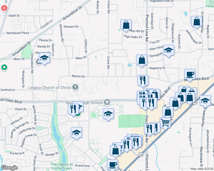 map of restaurants, bars, coffee shops, grocery stores, and more near 8920 Martin Drive in North Richland Hills