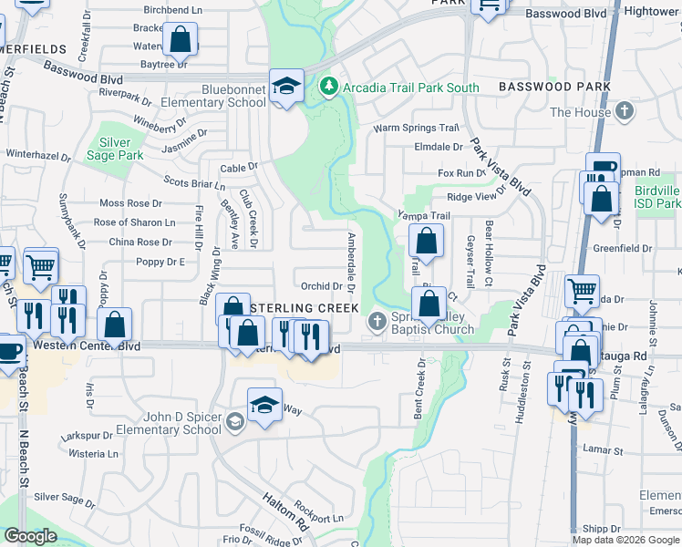 map of restaurants, bars, coffee shops, grocery stores, and more near 5005 Orchid Drive in Fort Worth