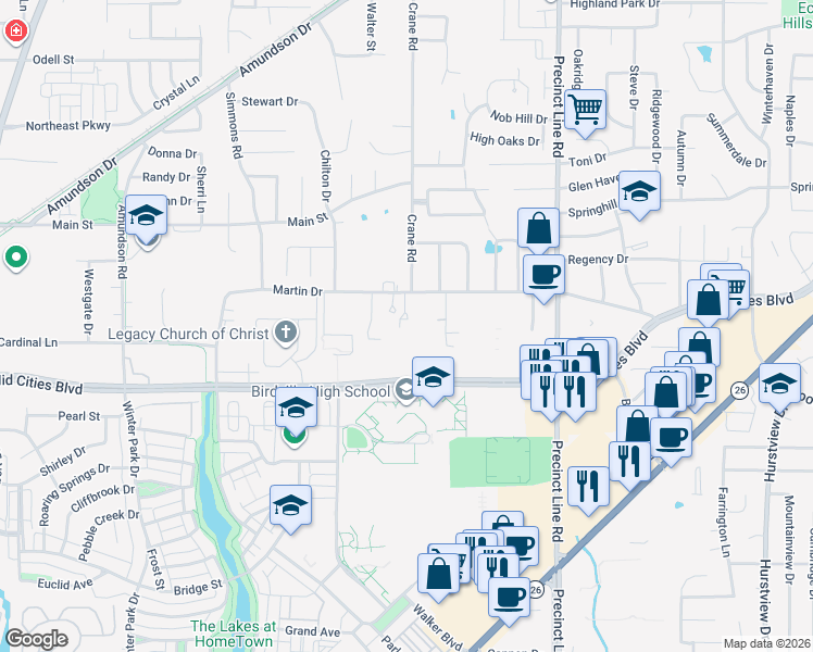 map of restaurants, bars, coffee shops, grocery stores, and more near 8920 Martin Drive in North Richland Hills