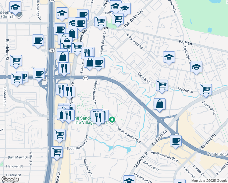 map of restaurants, bars, coffee shops, grocery stores, and more near 5222 Shady Brook Lane in Dallas