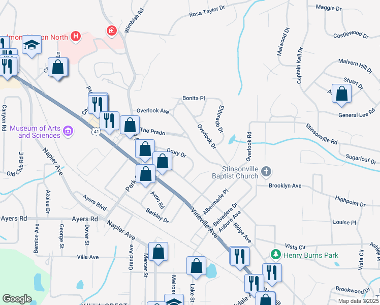 map of restaurants, bars, coffee shops, grocery stores, and more near 3756 Overlook Avenue in Macon