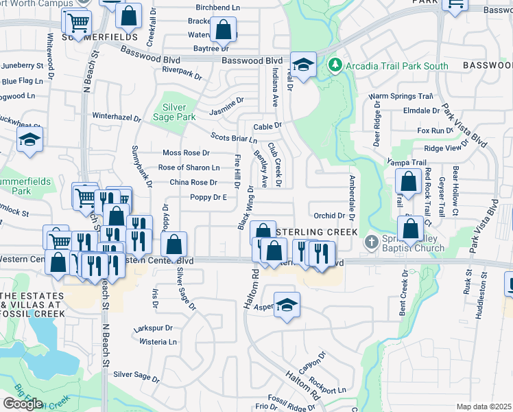 map of restaurants, bars, coffee shops, grocery stores, and more near 6821 Black Wing Drive in Fort Worth
