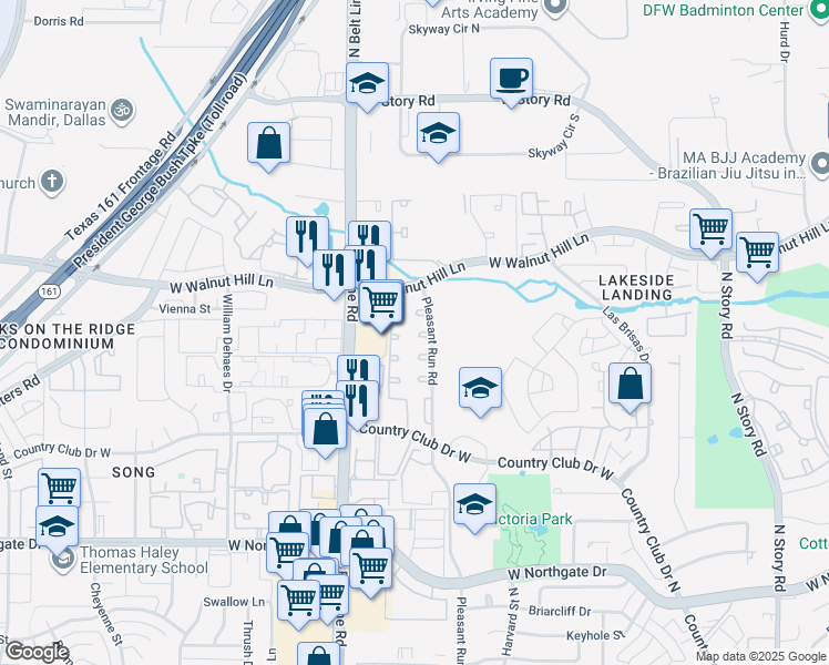 map of restaurants, bars, coffee shops, grocery stores, and more near 4265 Pleasant Run Road in Irving