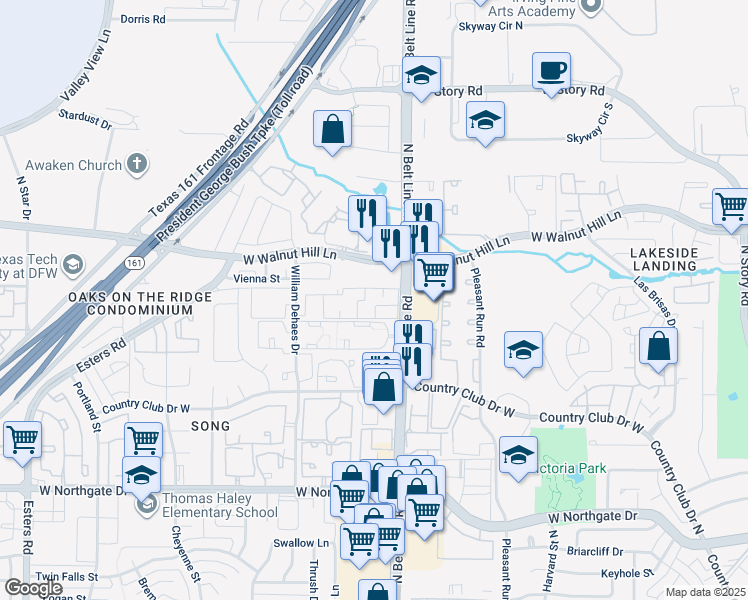 map of restaurants, bars, coffee shops, grocery stores, and more near 4057 North Belt Line Road in Irving