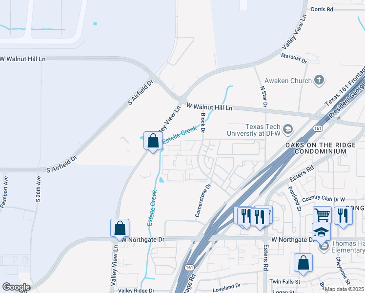 map of restaurants, bars, coffee shops, grocery stores, and more near 4023 Block Drive in Irving
