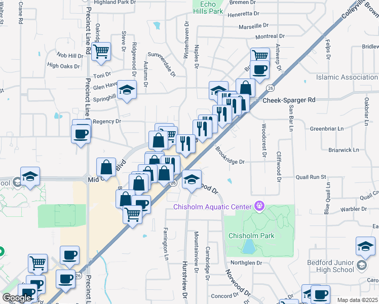 map of restaurants, bars, coffee shops, grocery stores, and more near 500 Grapevine Highway in Hurst