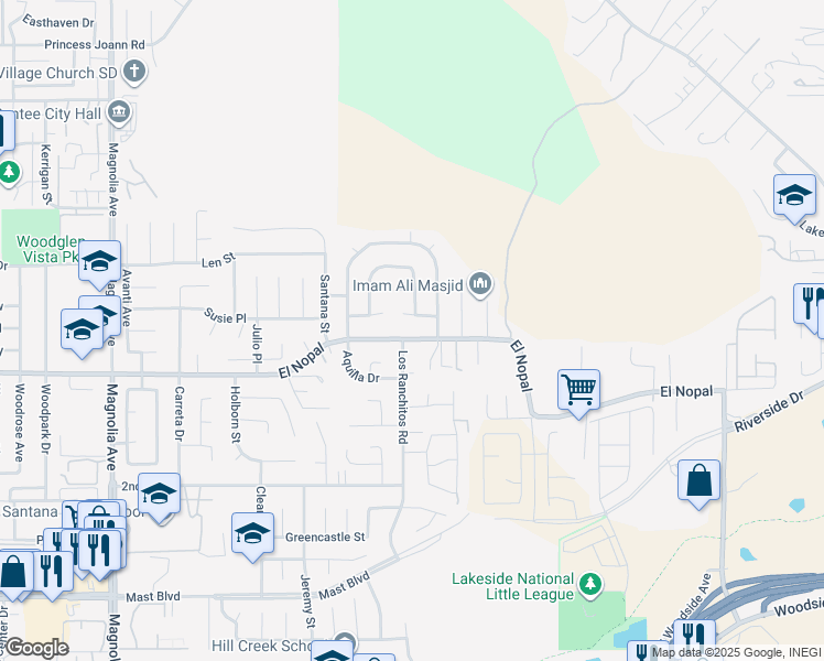 map of restaurants, bars, coffee shops, grocery stores, and more near 11010 El Nopal in Lakeside