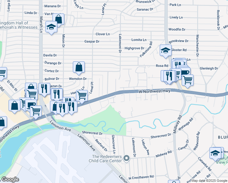 map of restaurants, bars, coffee shops, grocery stores, and more near 9403 Monteleon Court in Dallas