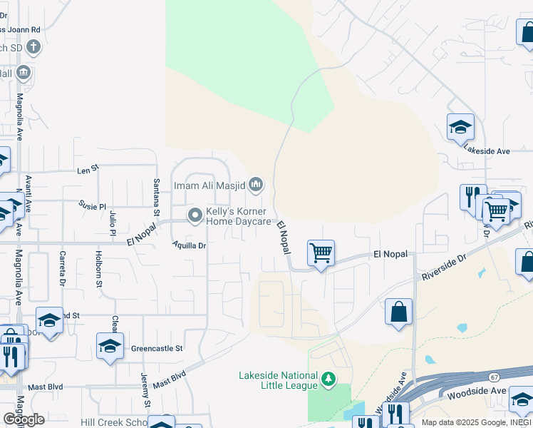 map of restaurants, bars, coffee shops, grocery stores, and more near 10315 Mountain View Lane in Lakeside