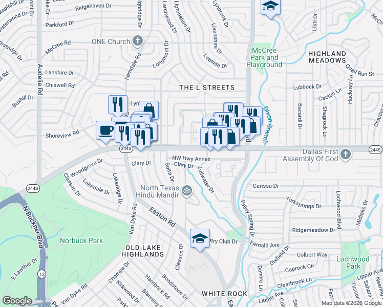 map of restaurants, bars, coffee shops, grocery stores, and more near 10450 Northwest Highway in Dallas