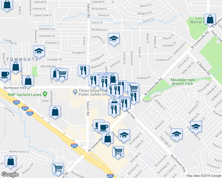 map of restaurants, bars, coffee shops, grocery stores, and more near 1251 Northwest Hwy in Grapevine
