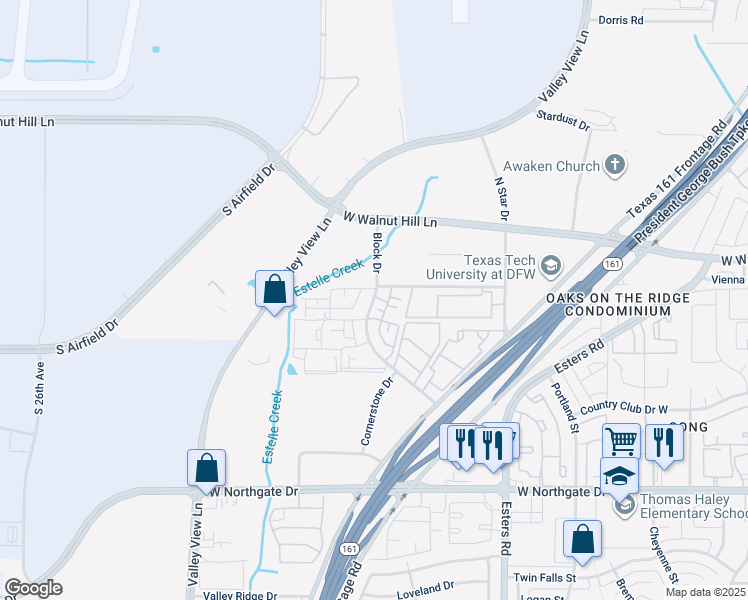 map of restaurants, bars, coffee shops, grocery stores, and more near 4030 Block Drive in Irving