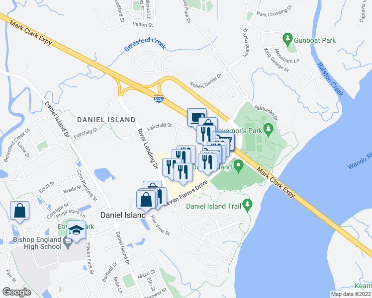 map of restaurants, bars, coffee shops, grocery stores, and more near 50 Central Island Street in Charleston