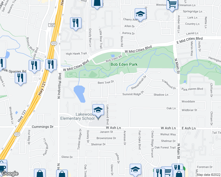 map of restaurants, bars, coffee shops, grocery stores, and more near 1801 Bent Tree Drive in Euless