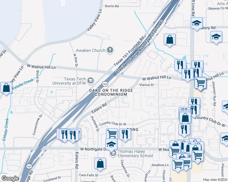 map of restaurants, bars, coffee shops, grocery stores, and more near in Irving