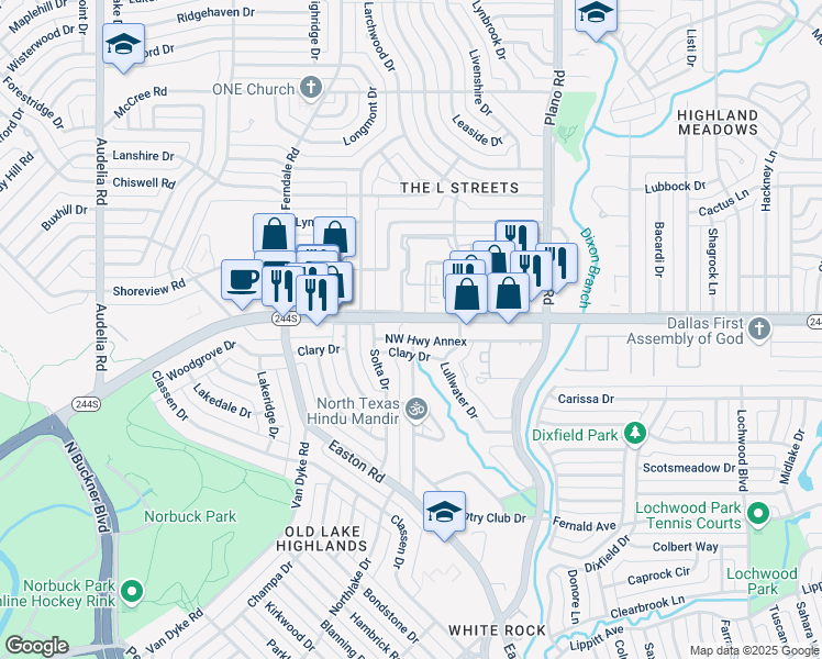 map of restaurants, bars, coffee shops, grocery stores, and more near 10421 Clary Drive in Dallas
