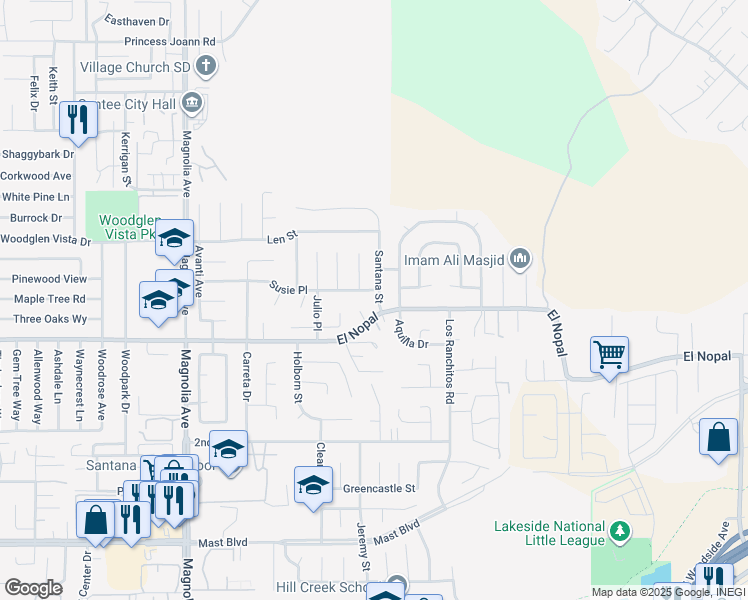 map of restaurants, bars, coffee shops, grocery stores, and more near 10252 Santana Street in Santee