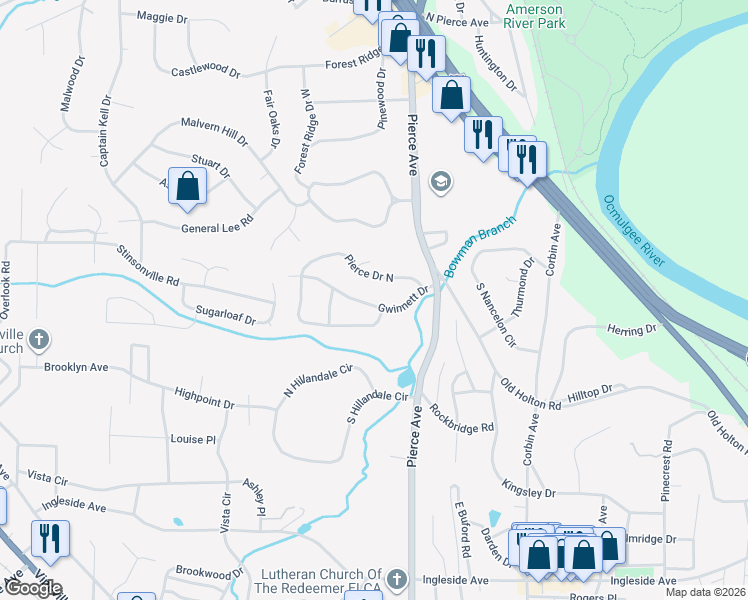 map of restaurants, bars, coffee shops, grocery stores, and more near 2734 Gwinnett Drive in Macon