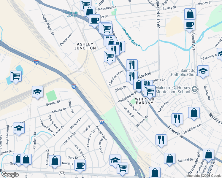 map of restaurants, bars, coffee shops, grocery stores, and more near 2193 Helm Avenue in North Charleston