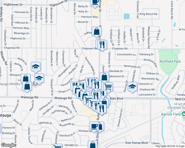 map of restaurants, bars, coffee shops, grocery stores, and more near 6625 Summertime Lane in Watauga
