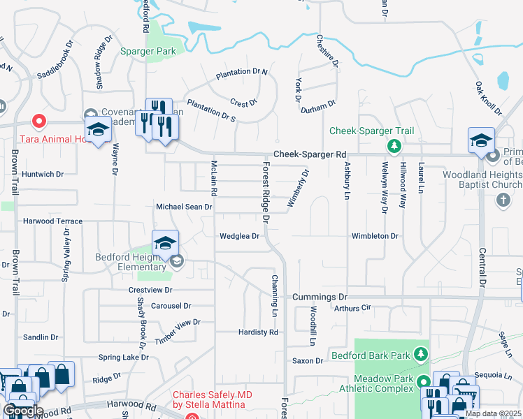 map of restaurants, bars, coffee shops, grocery stores, and more near 1317 Medford Drive in Bedford