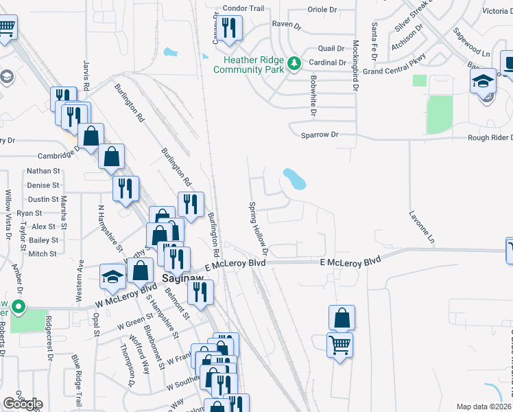 map of restaurants, bars, coffee shops, grocery stores, and more near 400 Brookhollow Lane in Saginaw