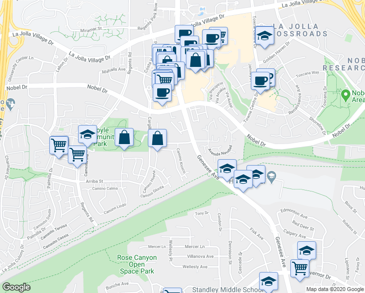 map of restaurants, bars, coffee shops, grocery stores, and more near 8027 Camino Kiosco in San Diego