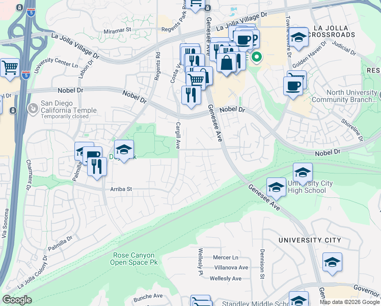 map of restaurants, bars, coffee shops, grocery stores, and more near 8052 Camino Huerta in San Diego