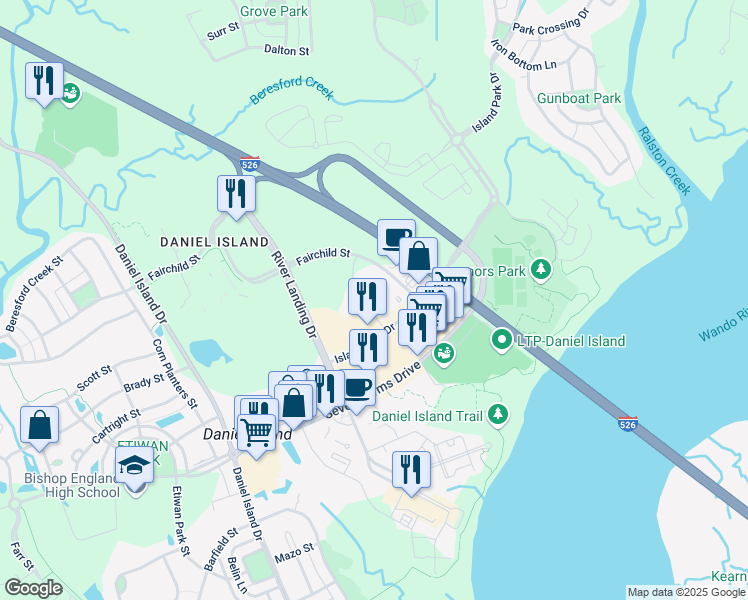 map of restaurants, bars, coffee shops, grocery stores, and more near 50 Central Island Street in Charleston