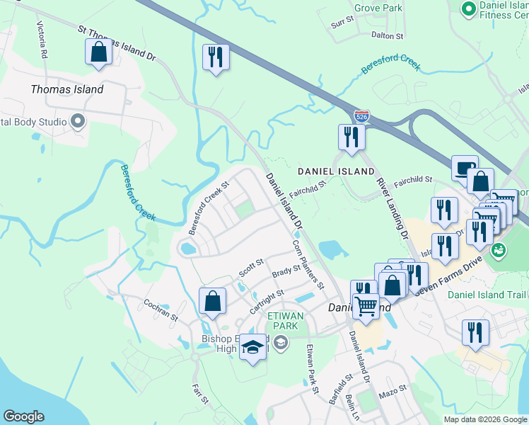 map of restaurants, bars, coffee shops, grocery stores, and more near 209 Fairchild Street in Charleston