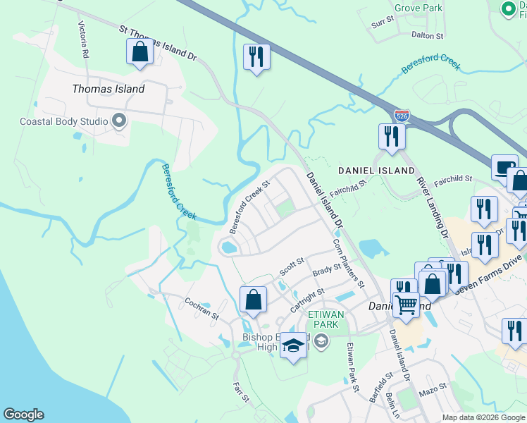map of restaurants, bars, coffee shops, grocery stores, and more near 106 Lucia Street in Charleston