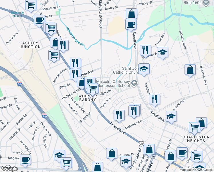 map of restaurants, bars, coffee shops, grocery stores, and more near 3925 Rhett Park Drive in North Charleston