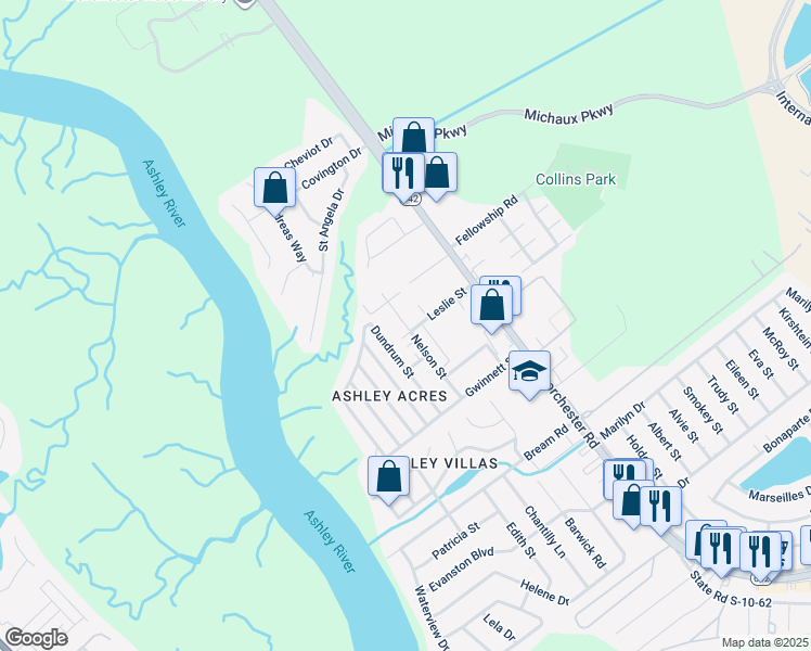 map of restaurants, bars, coffee shops, grocery stores, and more near 5691 Nelson Street in North Charleston