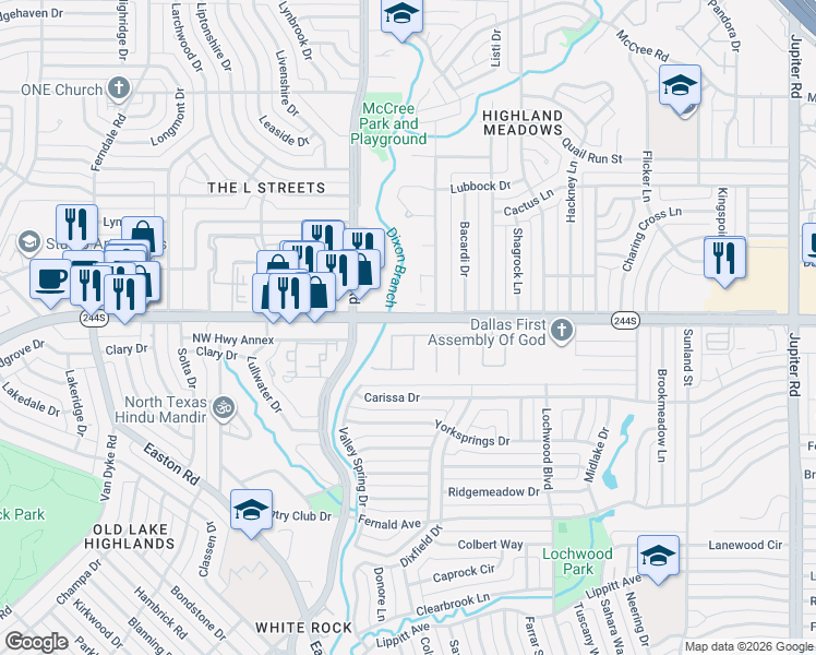 map of restaurants, bars, coffee shops, grocery stores, and more near 11326 Dinsdale Drive in Dallas