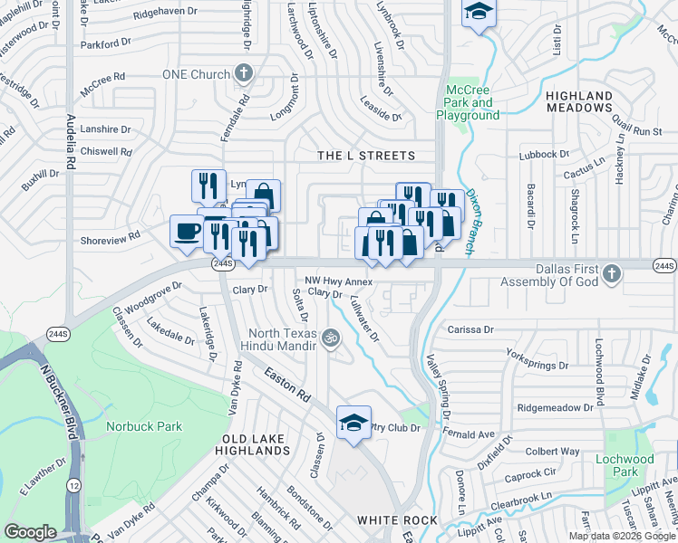 map of restaurants, bars, coffee shops, grocery stores, and more near 10450 Northwest Highway in Dallas