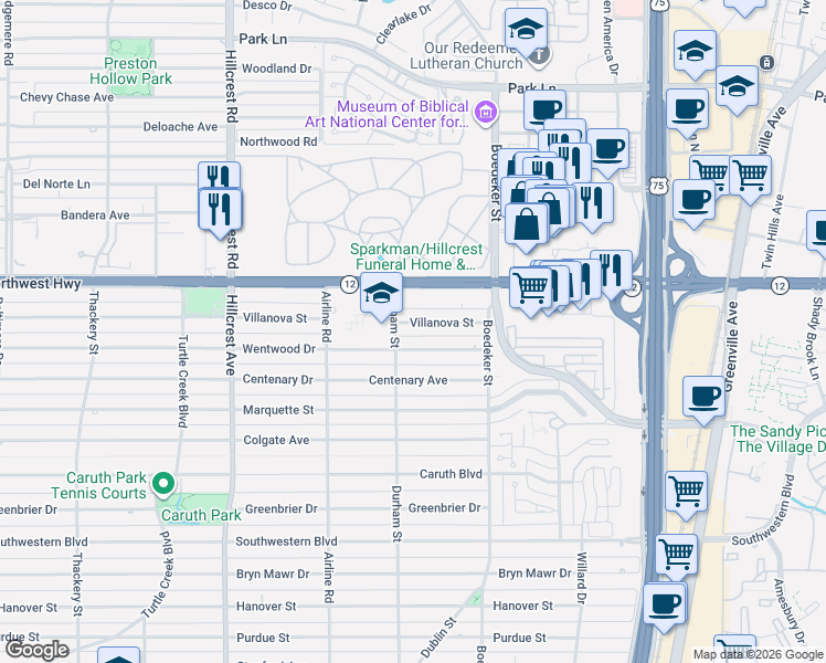 map of restaurants, bars, coffee shops, grocery stores, and more near 7409 Wentwood Drive in Dallas