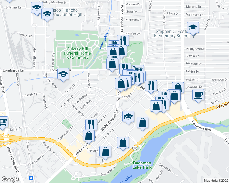 map of restaurants, bars, coffee shops, grocery stores, and more near 3435 Webb Chapel Extension in Dallas