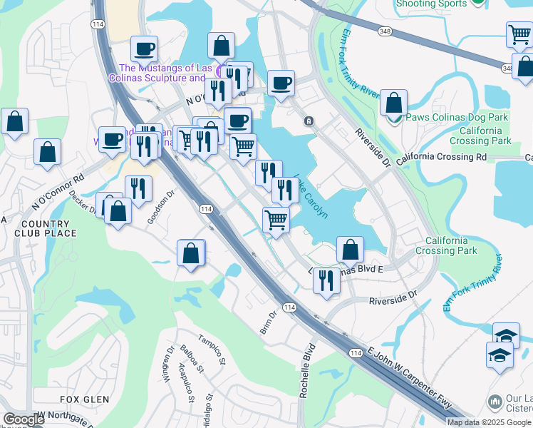map of restaurants, bars, coffee shops, grocery stores, and more near 370 Las Colinas Boulevard in Irving