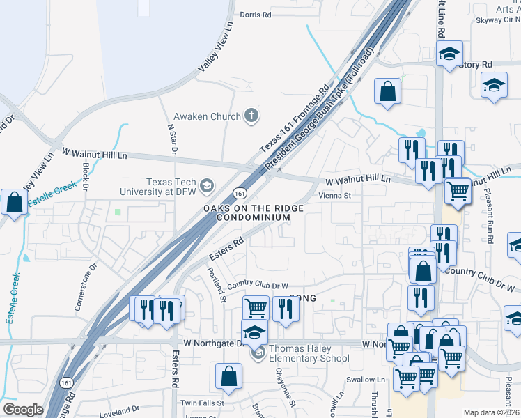 map of restaurants, bars, coffee shops, grocery stores, and more near in Irving